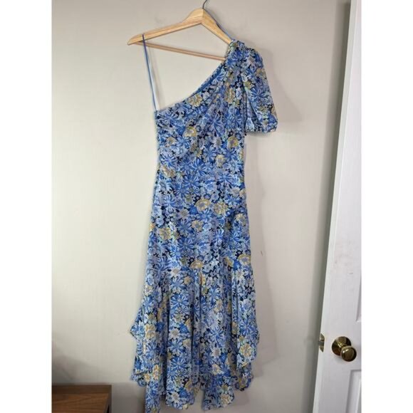 NWT ASTR Santorini One Shoulder Puff Sleeve Blue Peach Floral Midi Dress Sz: XS - Picture 2 of 7